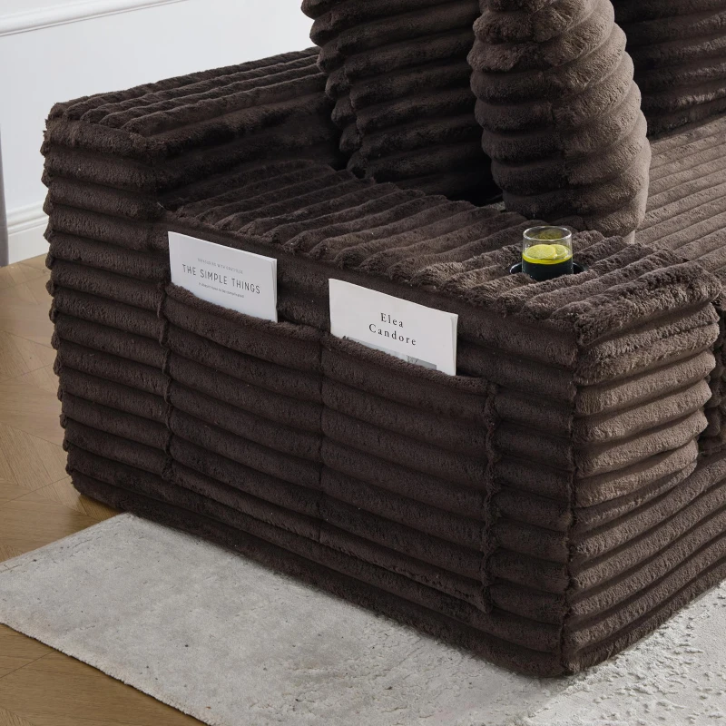 Convertible Sofa Bed with High Backrest and Extra Pillow, Ribbed Corduroy Couch with Dual Side Pockets, 107.5L x 38.5W x 34H cm, Coffee