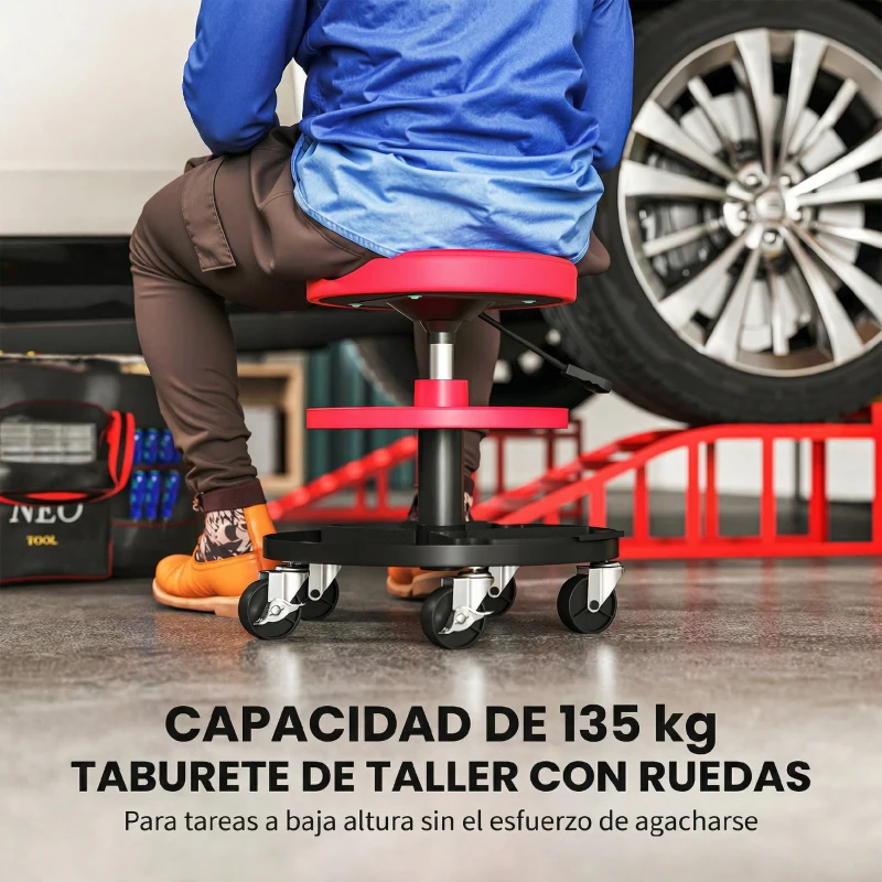 HOMCOM Taburete de Taller Giratorio con Ruedas Altura Ajustable de 40-51 cm y 2 Bandejas Carga 135 kg para Garaje Rojo