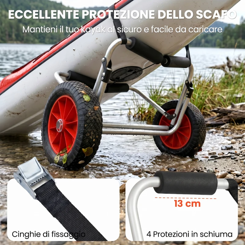 HOMCOM Carrellino da Spiaggia Pieghevole per Kayak e Canoa con Paraurti, in Alluminio e NBR, 70x40x42 cm