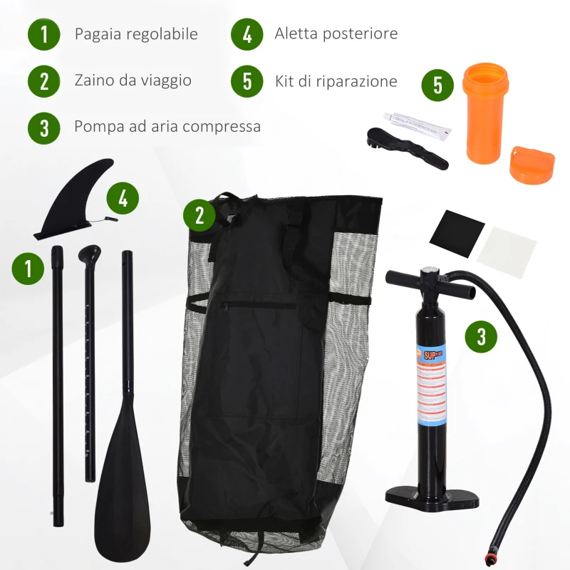 HOMCOM Tavola Gonfiabile SUP Stand Up Paddle con Pagaia Regolabile, Paddle Surf Gonfiabile Tavola da Surf con Accessori, Verde 302x76x15cm
