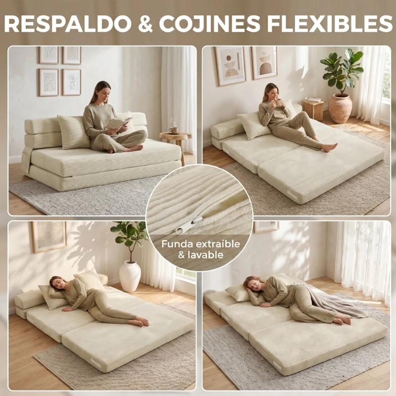HOMCOM Sofá Cama Plegable 2 en 1 Butaca 2 Plazas Convertible en Terciopelo Acanalado Almohada Bolsillos Laterales Crema