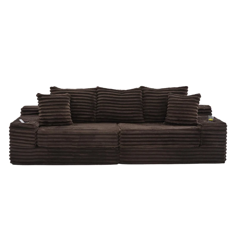 Convertible Sofa Bed with High Backrest and Extra Pillow, Ribbed Corduroy Couch with Dual Side Pockets, 107.5L x 38.5W x 34H cm, Coffee