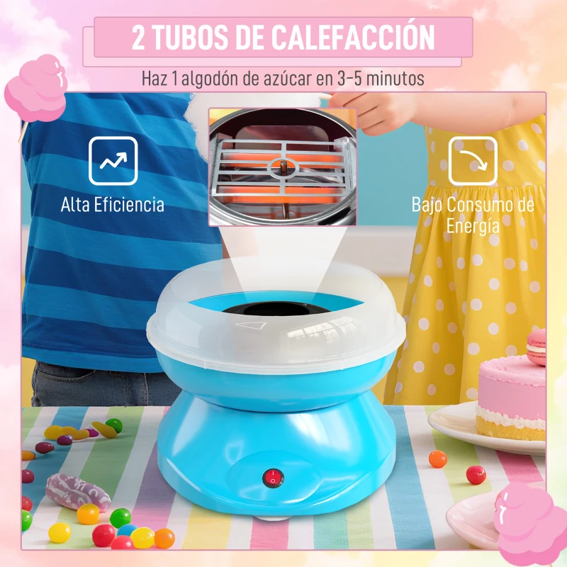 HOMCOM Máquina de Algodón de Azúcar en Casa de Polipropileno Acero Inox. y Aluminio 450W-550W para Fiestas 27x26x18 cm Azul