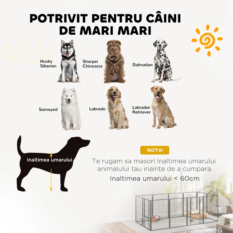 PawHut Țarc pentru Câini Pliabil din Oțel cu Țăruși pentru Interior și Exterior, 68 x 100 cm, 12 Panouri, Negru
