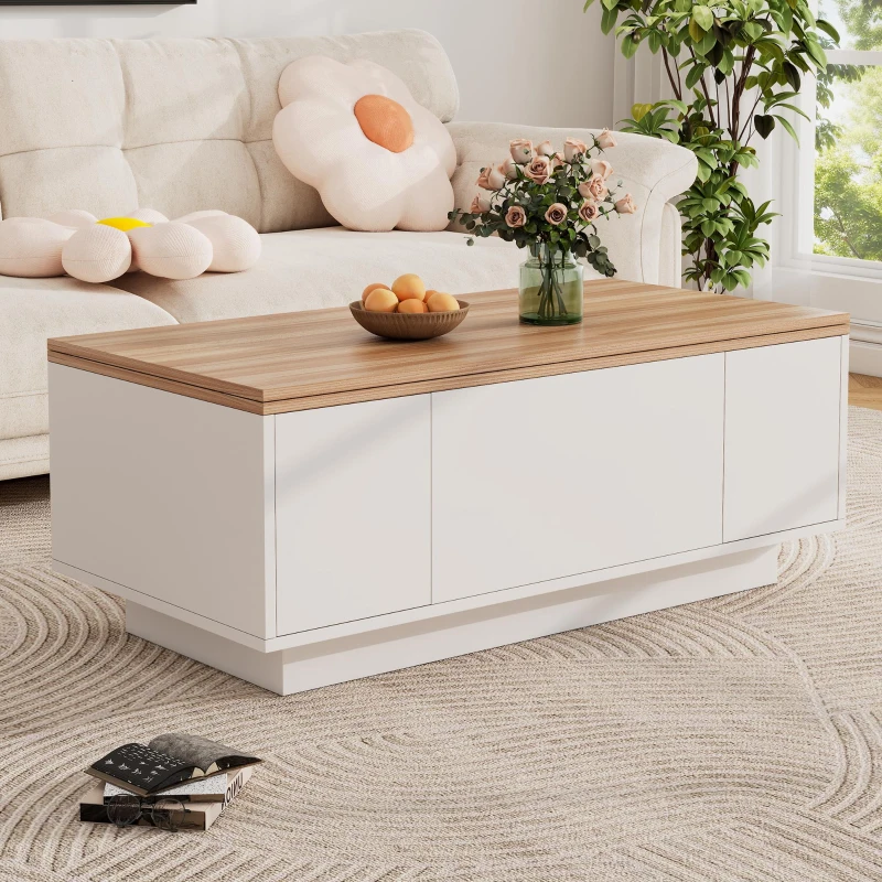 Lift-up Coffee Table with Hidden Storage and Dual Liftable Tops, Space-saving Centre Table for Dining, 100L x 50W x 55.5H cm, White+Natural
