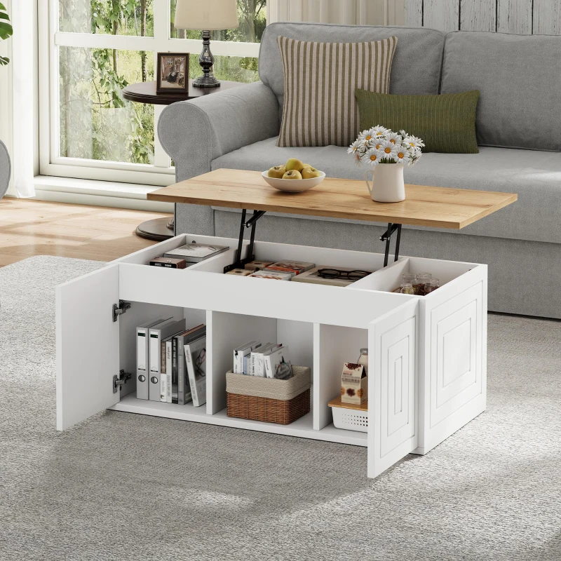 Height-Adjustable Coffee Table with Hydraulic Lift and Divided Shelves, Minimalist Center Table with Rounded Corners, 95L x 46W x 45H cm, White