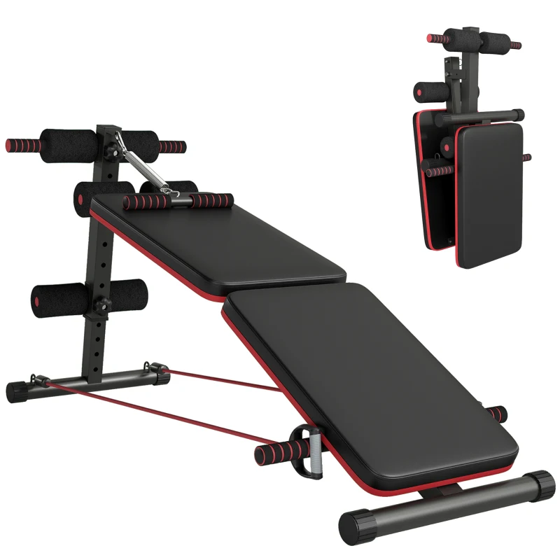 HOMCOM Sit Up Bank Bauchtrainer mit Trainingsseile Trainingsbank Multifunktion Verstellbar&klappbar 110 kg Belastbarkeit Stahl Schwarz+Rot 137 x 51 x 50-66 cm