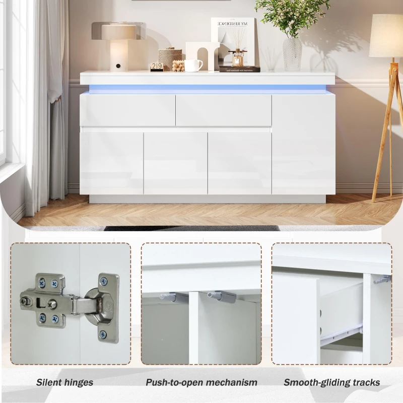 High-Gloss Sideboard with App-Controlled RGB LED Lighting, Freestanding Storage Cabinet with Adjustable Shelves, 140L x 35W x 72.5H cm, White