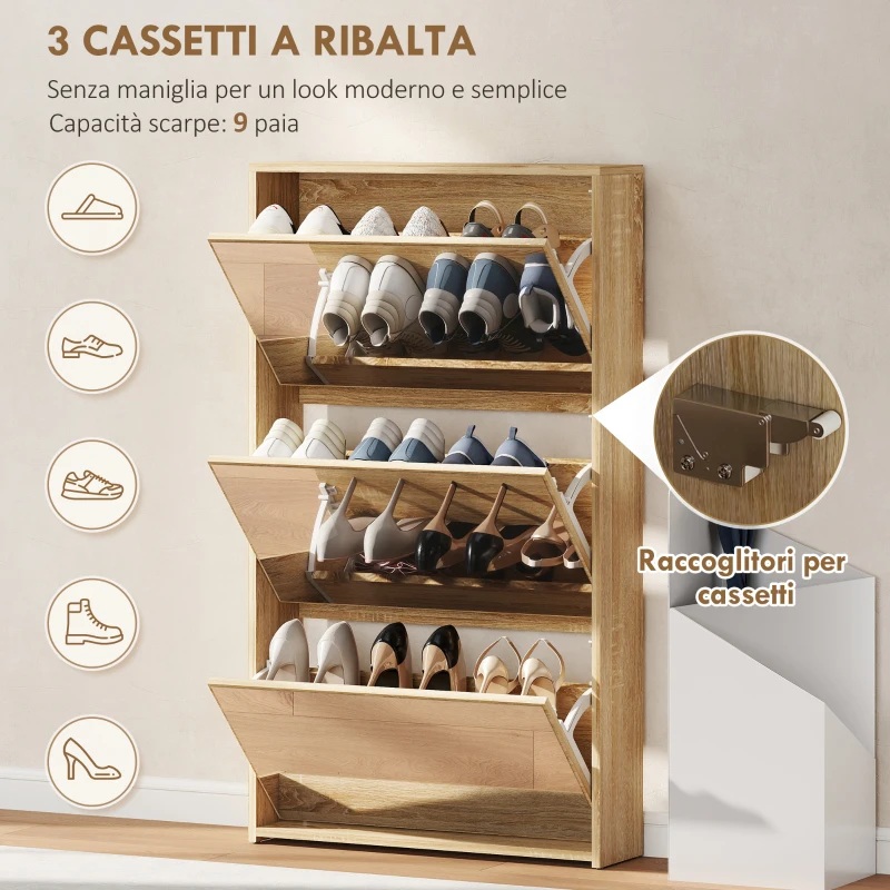 HOMCOM Scarpiera a Specchio con 3 Cassetti a Ribalta per 9 Paia di Scarpe, in Legno, 65x17x114.5 cm, Color Legno