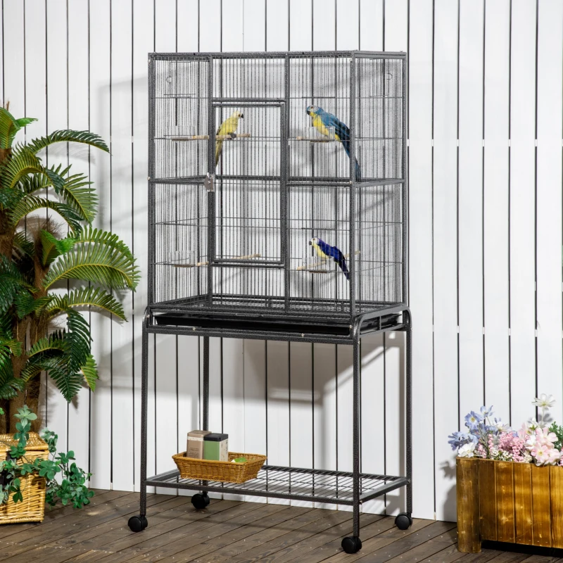 PawHut Jaula para Pájaros con Ruedas Pajarera Metálica con Perchas Comederos y Estante 81x48x162,5 cm Negro y Gris