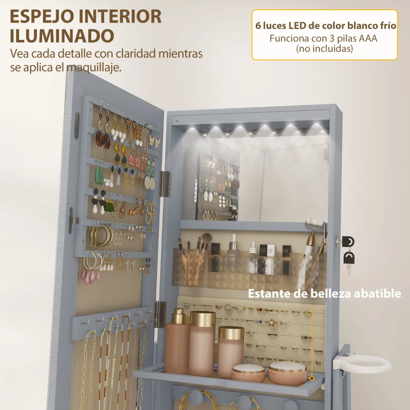HOMCOM Espejo Joyero con Luces LED Armario Joyero con Espejo Entero Giratorio de 360° Cajón Cerradura Gris Claro