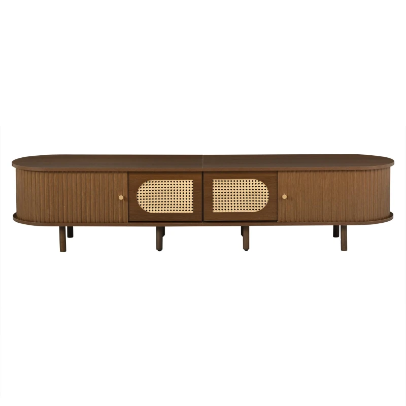 Stylish Oval TV Cabinet with Rattan-Style Fronts, Sturdy Lowboard with 30 kg Load Capacity, 180L x 40W x 40H cm, Walnut