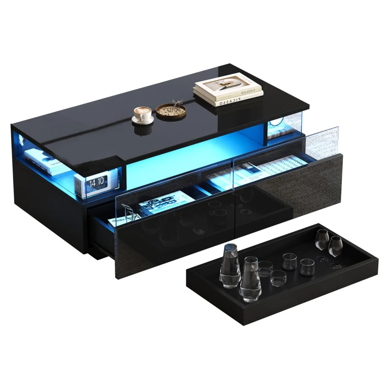 High-Gloss 3-Tier Coffee Table with Removable Tray, Sturdy Center Table with App-Controlled LED Lights, 90L x 45W x 35.5H cm, Black