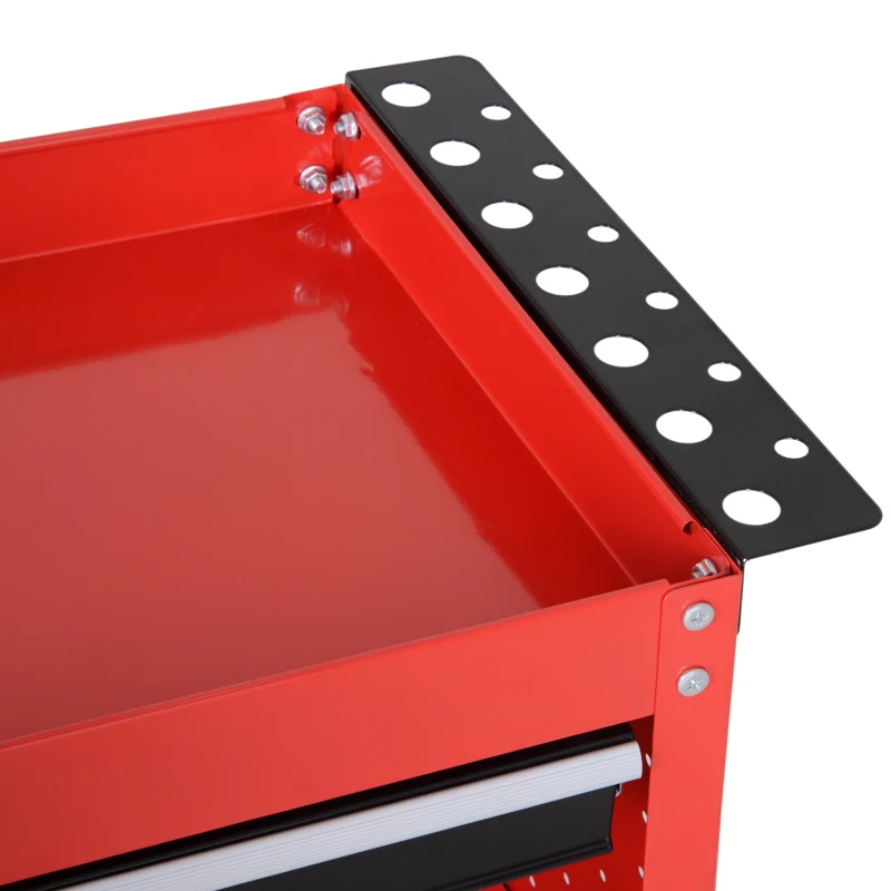 DURHAND Carro de Taller Carro de Herramientas con 3 Bandejas y Cajón Ruedas con Frenos Asa Lateral Panel Lateral Perforado Rojo