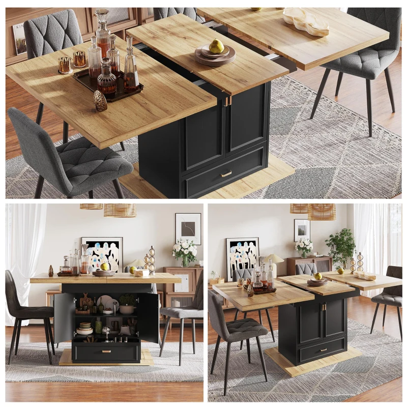 Lockable Telescopic Kitchen Table with Wood‑Grain High‑Density MDF Top, Extendable Dining Table with Concealed Storage, 110L x 80W x 75H cm, Black