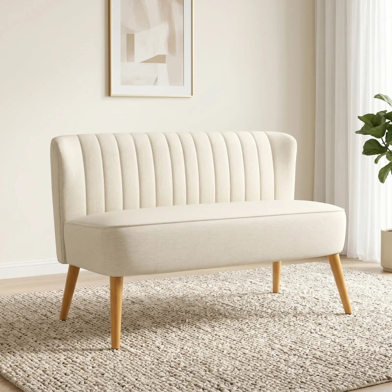 HOMCOM, Canapea, Cu Două Locuri, Material textil cu efect de in, Lemn de cauciuc, 117 x 56.5 x 77 cm, Crem