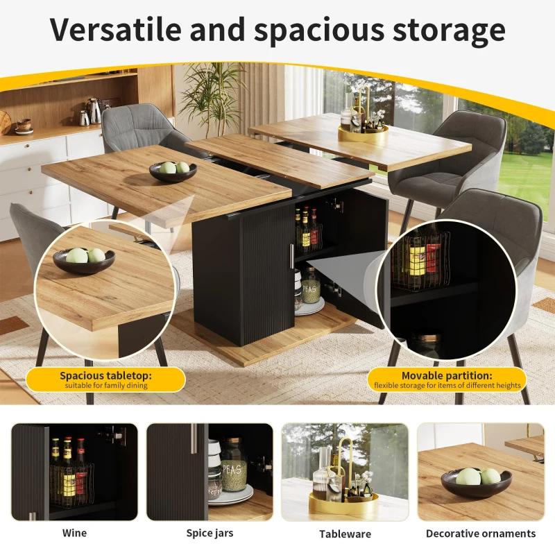Extendable Dining Table with Space-Saving Telescopic Design, Durable Extension Table with Built-In Storage Shelves, 140L x 70W x 76H cm, Black