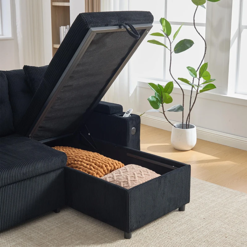 Contemporary 4-Seater Sofa with 2 Chaise Longues, Ribbed Corduroy Couch with Built-In Cup Holders, 272L x 136W x 86H cm, Black