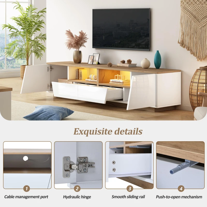 LED TV Stand with App-Controlled Ambient Lighting, Low-Profile TV Cabinet with Cable Management, 180L x 40W x 46H cm, White+Oak