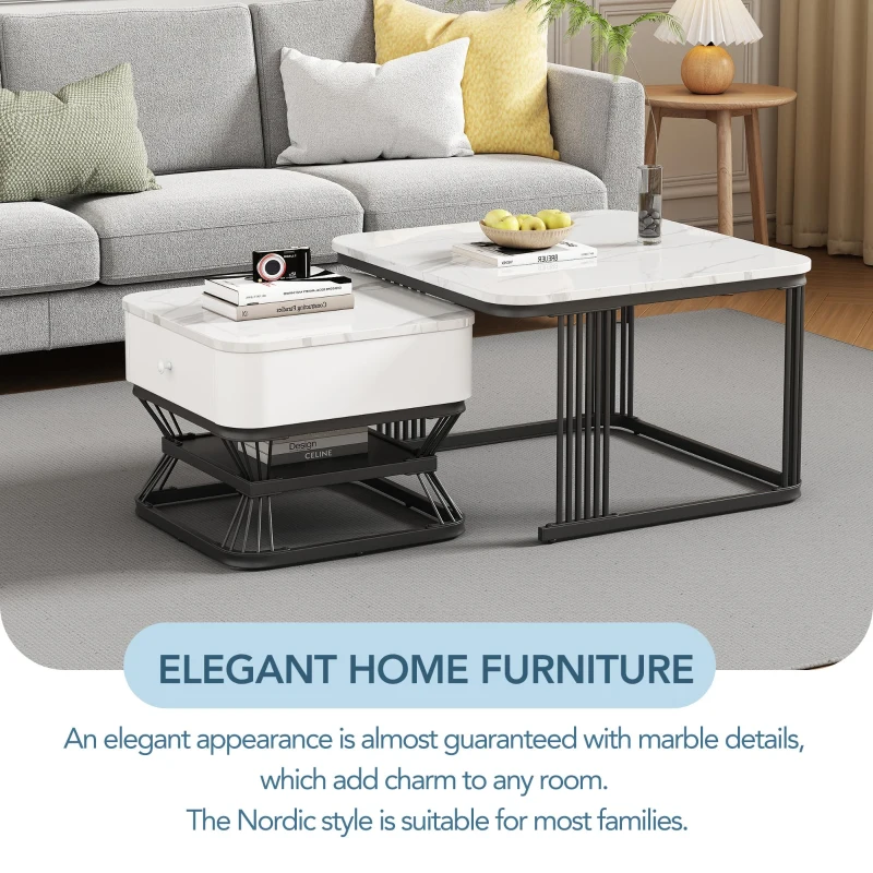 Nesting Coffee Table Set with Open Storage Shelf, Space-Saving Center Table Set with MDF Tops, 70L x 70W x 45H cm, White+Black
