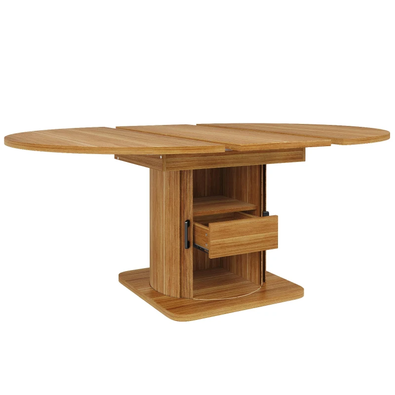 Extendable Dining Table with Space-Saving Round-to-Oval Design, Elegant Convertible Table with Smooth Metal Handle, 118L x 118W x 76H cm, Brown