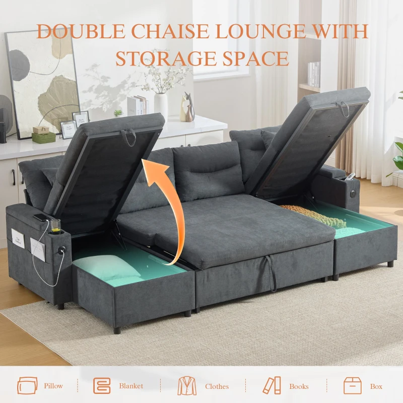 Contemporary 4-Seater Sofa with 2 Chaise Longues, Ribbed Corduroy Couch with Built-In Cup Holders, 272L x 136W x 86H cm, Charcoal grey