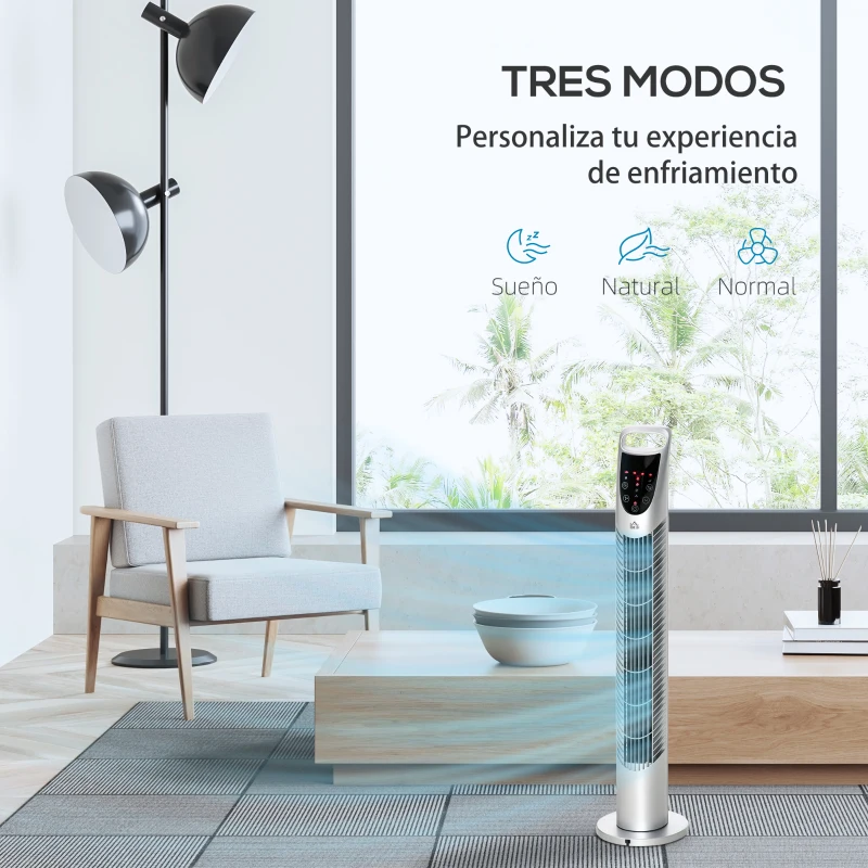 HOMCOM Ventilador de Torre Ventilador Vertical 40W con Mando a Distancia 3 Velocidades Temporizador 7,5h Ø18x78,5 cm Plata