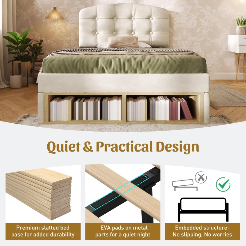 Upholstered Single Bed with Storage Drawers and Compartments, Plush Velvet Bed Frame with Button-Tufted Headboard, 198L x 101W x 120H cm, Beige
