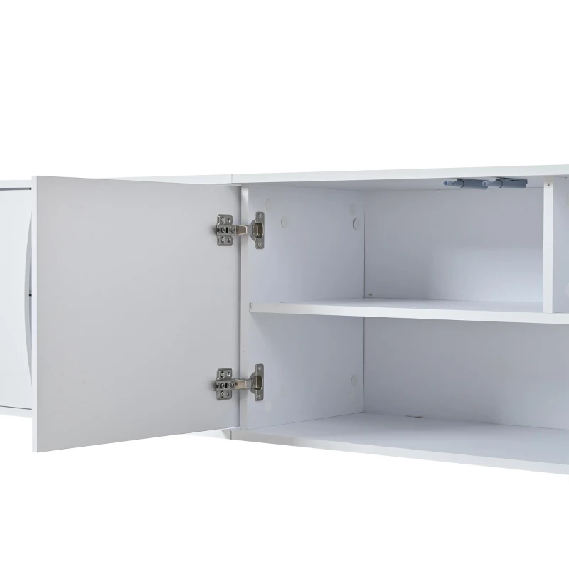 Freestanding TV Cabinet with LED Ambient Lighting and Tempered Glass Display, Modern Lowboard with 3 Doors, 180L x 40W x 45H cm, White
