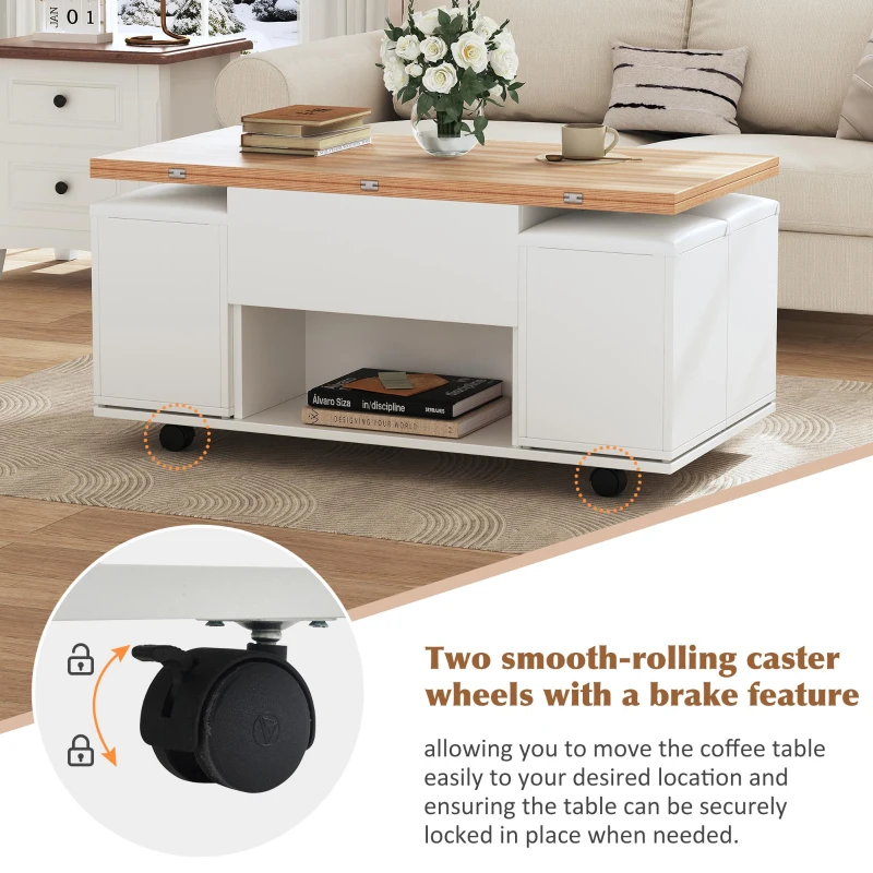 Lift-Top Coffee Table with Hydraulic Lift, Stylish Side Table with 2 Open Shelves, 100L x 50W x 48H cm, Natural+White