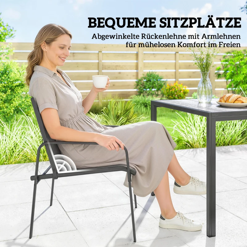 Outsunny Gartenmöbel Set Sitzgruppe 150 x 80cm Tisch mit 6 Atmungsaktiven Stühlen Holzoptik Stahlrahmen Schwarz