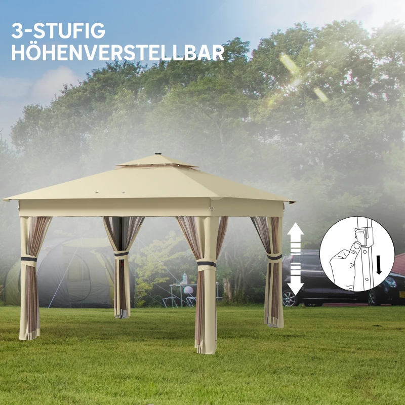 Outsunny Pavillon 3,3x3,3m Wasserabweisend Pop-up Faltpavillon mit LED, Doppeldach, Moskitonetz 4 Seitenteilen Tasche
