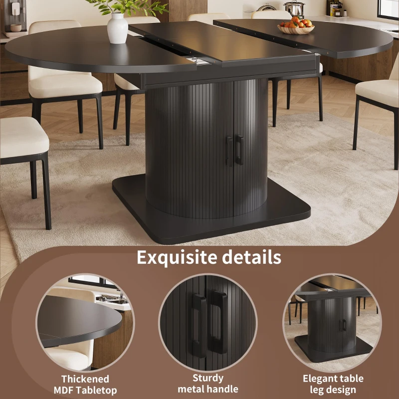 Extendable Dining Table with Hidden Storage and Wine Rack, Multifunctional Folding Table with Removable Shelves, 118L x 118W x 76H cm, Black