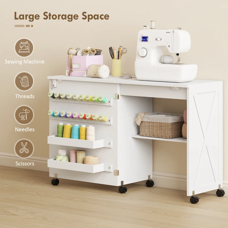 HOMCOM Folding Sewing Table, Rolling Craft Table with Storage compartments, Shelf and Lockable Casters for Small Spaces, White