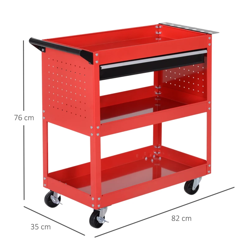 DURHAND Carro de Taller Carro de Herramientas con 3 Bandejas y Cajón Ruedas con Frenos Asa Lateral Panel Lateral Perforado Rojo