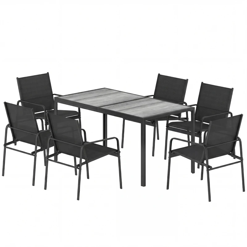 Outsunny Gartenmöbel Set Sitzgruppe 150 x 80cm Tisch mit 6 Atmungsaktiven Stühlen Holzoptik Stahlrahmen Schwarz