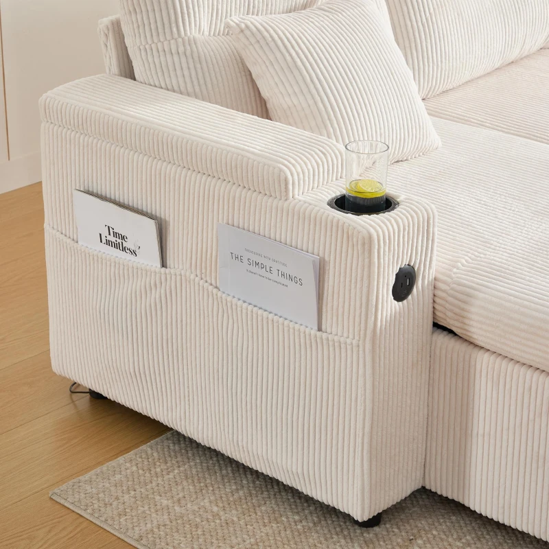 Contemporary 4-Seater Sofa with 2 Chaise Longues, Ribbed Corduroy Couch with Built-In Cup Holders, 272L x 136W x 86H cm, Beige