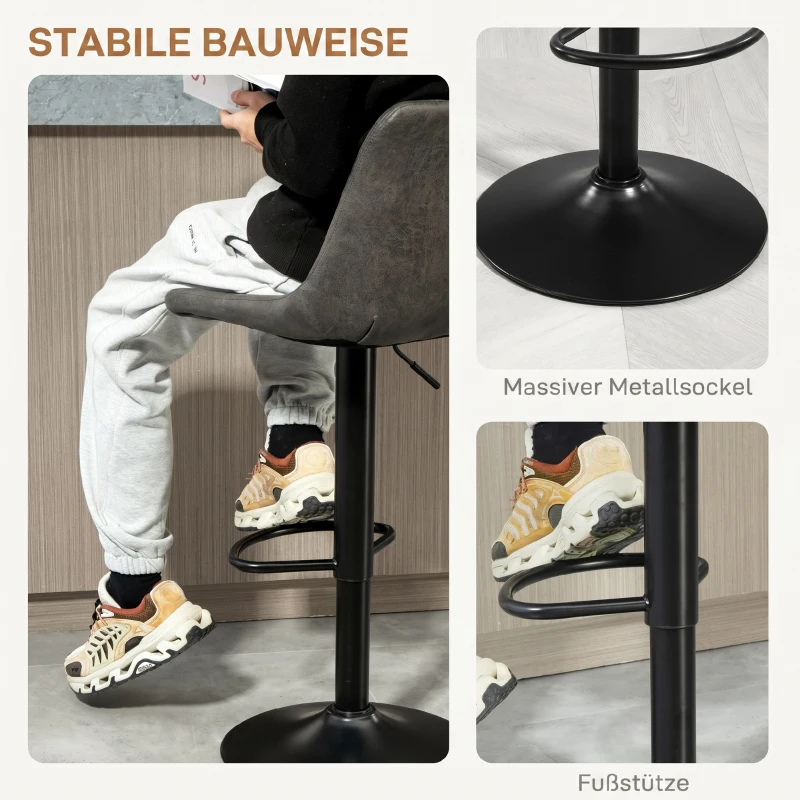 HOMCOM 2er-Set Barhocker im Retrodesign, inkl. Fußstütze, höhenverstellbar, Gaslift, Dunkelgrau