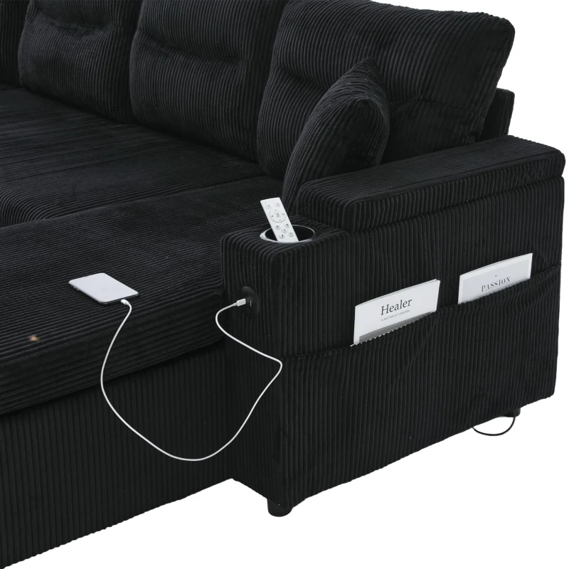 Contemporary 4-Seater Sofa with 2 Chaise Longues, Ribbed Corduroy Couch with Built-In Cup Holders, 272L x 136W x 86H cm, Black