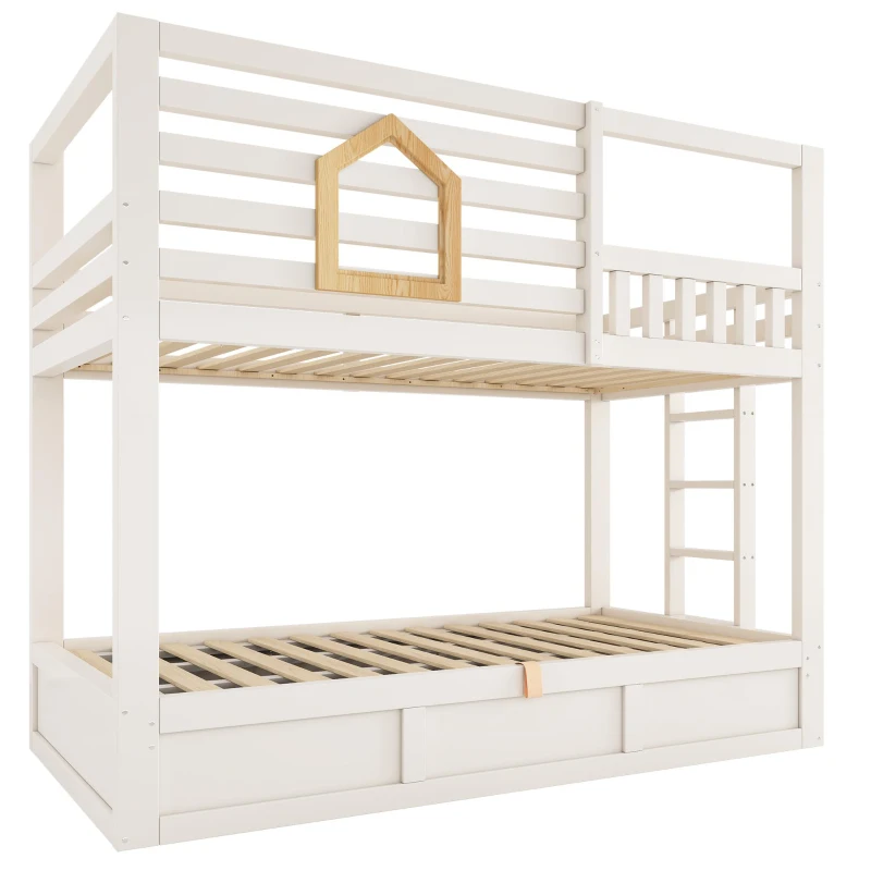Children's Cabin Bunk Bed with Hydraulic Underbed Storage, Space‑Saving Bed Frame with Integrated Ladder, 200L x 102W x 184H cm, White