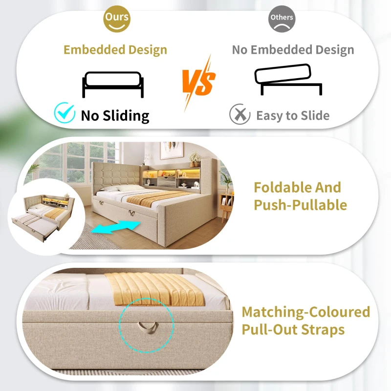 Convertible Daybed Trundle with Clever Storage and Sturdy Frame, Breathable Linen Sofa Bed with Integrated Charging, 204L x 107W x 88H cm, Beige