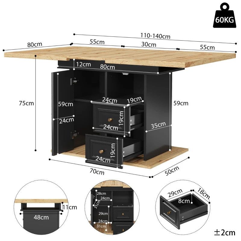 Concealed Telescopic Kitchen Table with High-Density MDF Tabletop, Extendable Dining Table with Built-In Leg Storage, 110L x 80W x 75H cm, Black