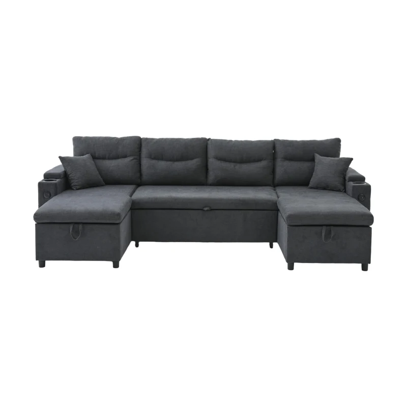 Contemporary 4-Seater Fabric Sofa with 2 Chaise Longues, Minimalist U-Shaped Couch with Integrated Cup Holders, 272L x 136W x 86H cm, Dark Gray