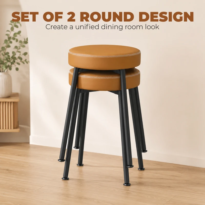 HOMCOM Lot de 2 chaises de salle à manger rondes, chaises de cuisine empilables avec assise rembourrée en PU, marron et noir