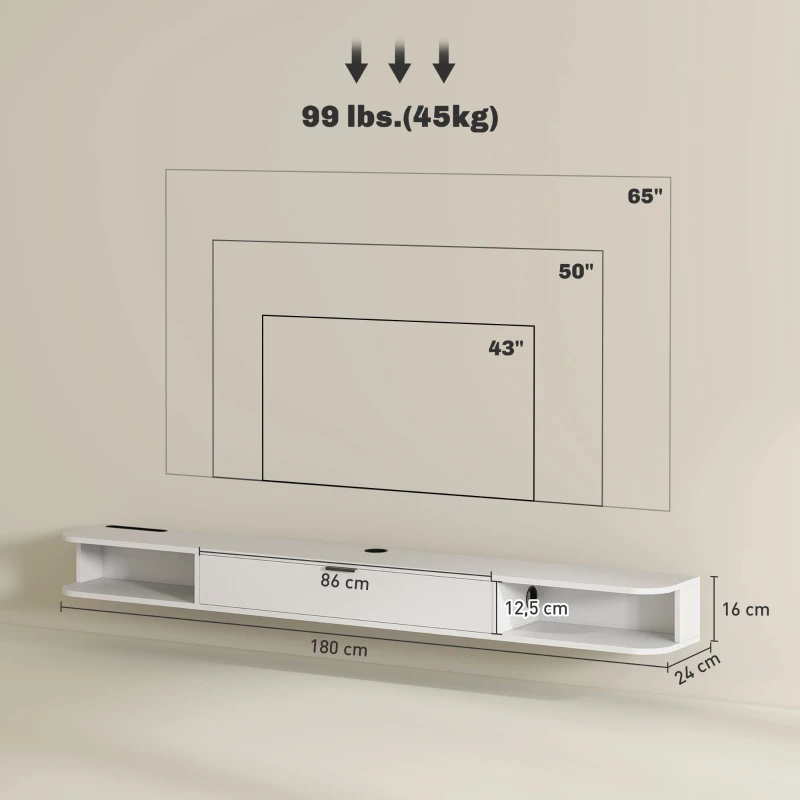 HOMCOM Wand-TV-Möbel, TV-Bank für Fernseher bis 190,5 cm, Klappschublade, 2 Regale, 180x24x16cm, Weiß