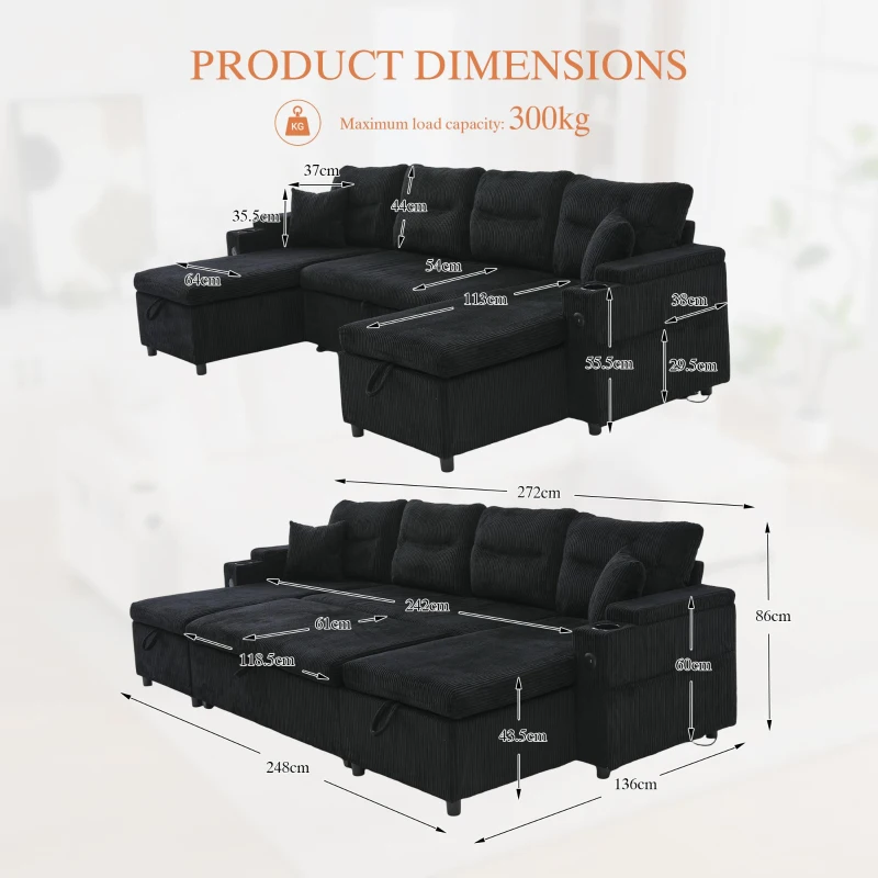 Contemporary 4-Seater Sofa with 2 Chaise Longues, Ribbed Corduroy Couch with Built-In Cup Holders, 272L x 136W x 86H cm, Black