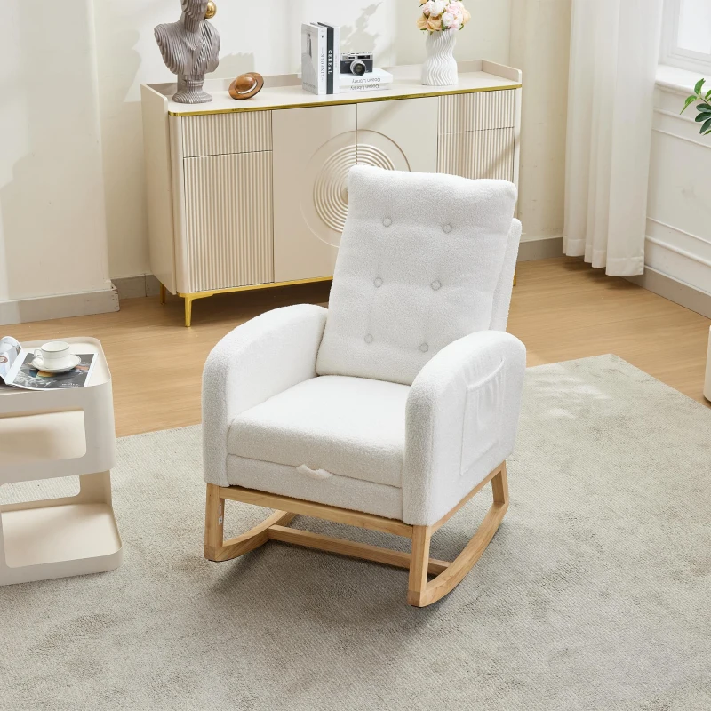 ModernLuxe Rocking Chair with Boucle Fabric Upholstery, Nursing Armchair with Side Pocket, 66.5L x 121.5W x 102H cm, White