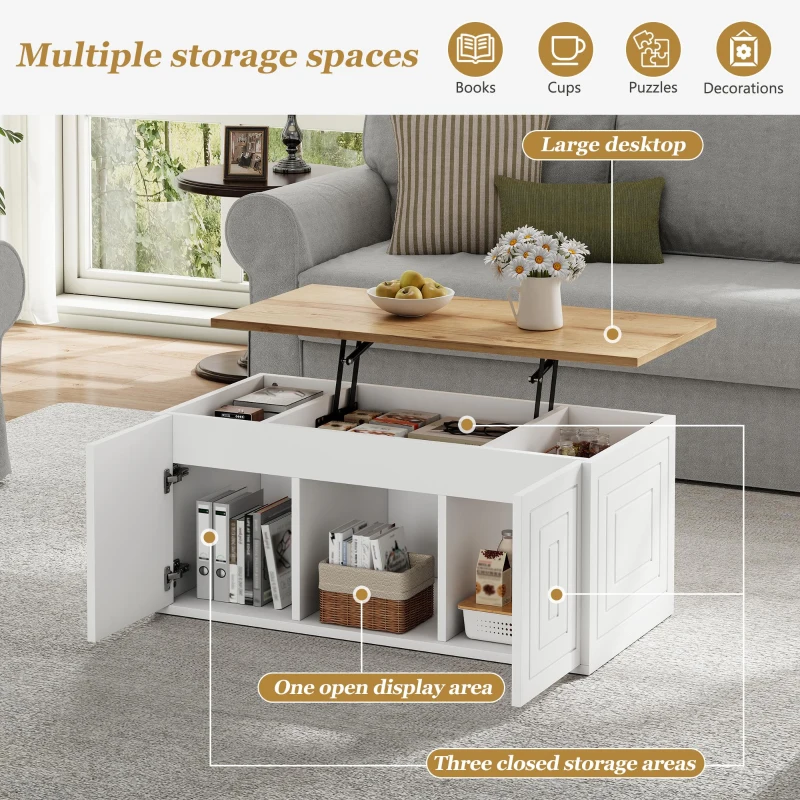 Height-Adjustable Coffee Table with Hydraulic Lift and Divided Shelves, Minimalist Center Table with Rounded Corners, 95L x 46W x 45H cm, White