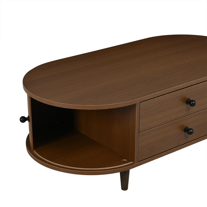 Oval Coffee Table with Sliding Roll-Top Doors, Sturdy Center Table with Two Drawers, 100L X 50W X 36H cm, Walnut