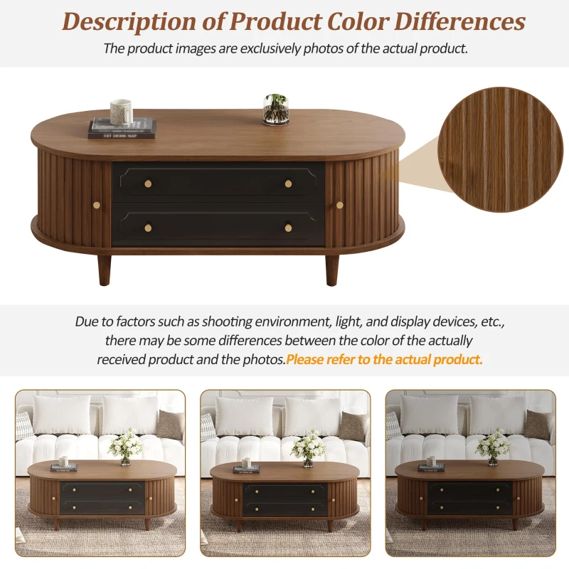 Living Room Coffee Table with 2 Drawers and Roll-Up Door, Minimalist Center Table with 4 Support Legs, 100L x 50W x 36H cm, Walnut